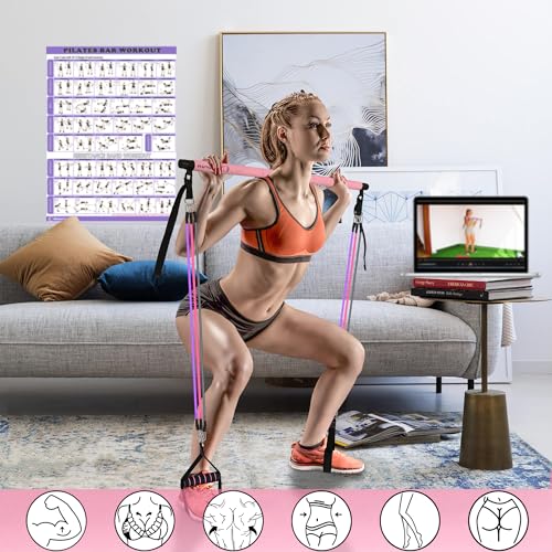 Portable Pilates Bar and Resistance Band Set with Handles. Multifunctional Family Gym with Door Anchor, Ankle Strap and Extended Rope - with Fitness Poster and Exercise Video