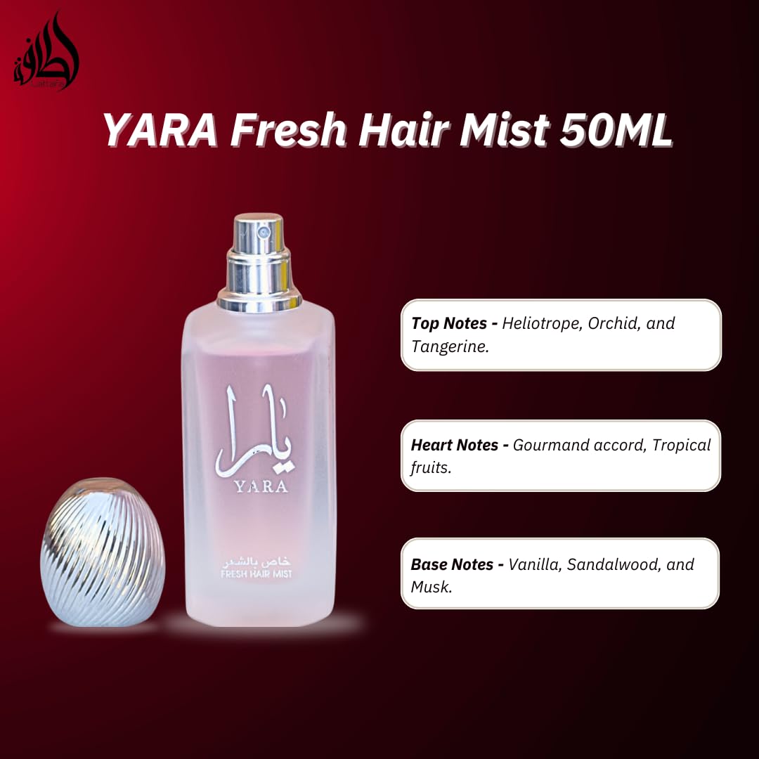 Lattafa Perfumes YARA Fresh Hair Mist 50ML (1.7 OZ), Experience the Sweet & Sensual Aroma.