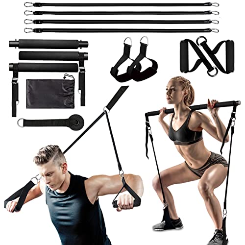 MALOOW Adjustable Pilates Bar Kit with Resistance Bands,Portable Yoga Exercise Sticks&2 Sets Stackable Resistance Bands for Toning Muscle.Stretched Fusion Pilates Home Gym,Full Body Workout,(Black)