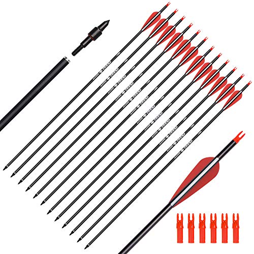 YLSIO Archery Carbon Arrow Hunting Target Practice Arrows 26 Inch with Removable Tips for Compound & Recurve Bow Spine 500 12PCS