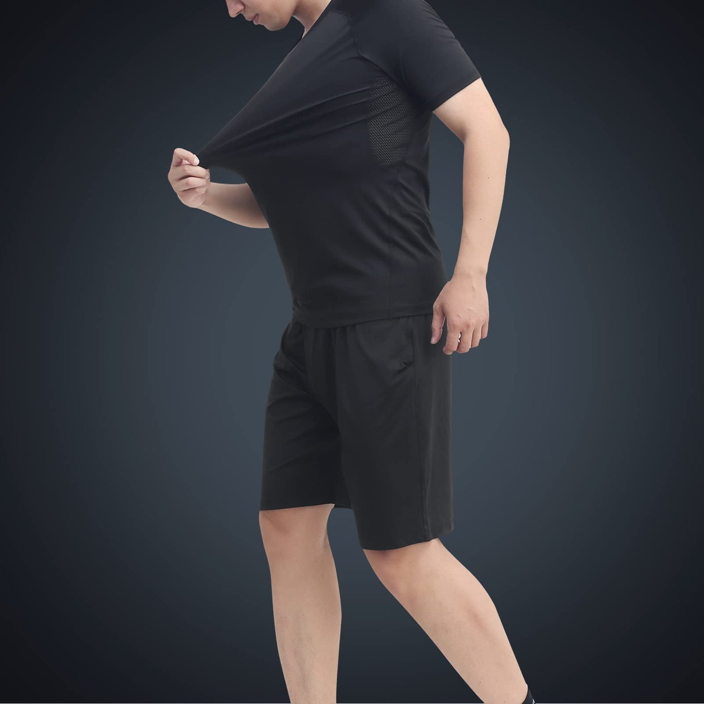 JULY'S SONG Men Compression Workout Set Dry Quick Shirt Pants Shorts Tights Jacket 5 Pieces Clothes for Gym Athletic Running Gear Black
