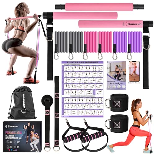 Portable Pilates Bar and Resistance Band Set with Handles. Multifunctional Family Gym with Door Anchor, Ankle Strap and Extended Rope - with Fitness Poster and Exercise Video