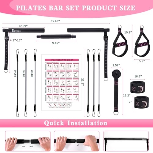 Pilates Bar Kit with Resistance Bands,Bbtops Pilates Flexbands Kit Exercise Fitness Equipment for Women & Men Home Gym Yoga Pilates,Multifunctional Pilates Bar Full Body Workout Equipment Black