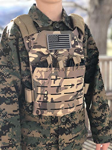 Childrens Tactical Airsoft Paintball Kids Vest, Free US Flag Patch, Mil Spec PALS Laser cut Molle Modular w/Mag Pouches (Multi-cam)