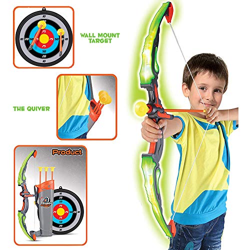 Liberty Imports Kids Bow and Arrow Set - LED Light Up Archery Toy Set with 6 Suction Cup Arrows, Target, Quiver - Indoor and Outdoor Target Practice for Children, Boys, Girls (Pink) (Green)