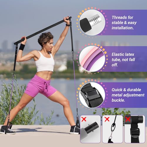 Pilates Bar Kit with Resistance Bands, 3-Section Pilates Bar with Clear Scale & Adjustable Metal Buckle, Durable Carabiner, Pilates Bar Kit for Women Full-Body Workout - Black