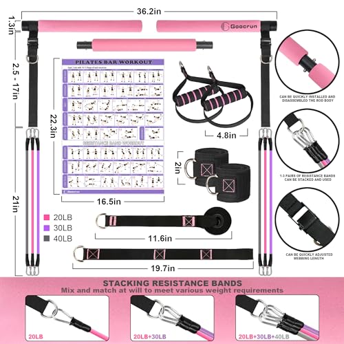 Portable Pilates Bar and Resistance Band Set with Handles. Multifunctional Family Gym with Door Anchor, Ankle Strap and Extended Rope - with Fitness Poster and Exercise Video