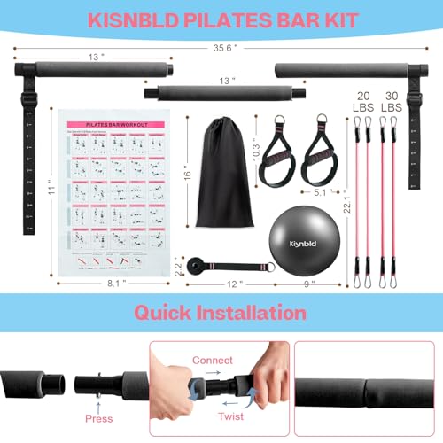 kisnbld Pilates Bar Kit with Resistance Bands, Multifunctional Pilates Equipment with Pilates Ball, 2 in 1 Handles & Door Anchor, Portable Pilates Bar for Women Home Gym Yoga Workouts