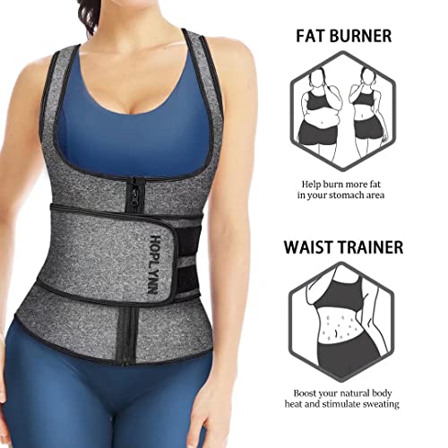 HOPLYNN Waist Trainer Zipper Vest for Women Body Shape - Neoprene Sauna Tank Top - Waist Cincher Trimmer - Slimming Body Shaper Corset Gray Small