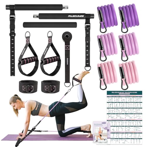 Pilates Bar Kit with Resistance Bands, 3-Section Pilates Bar with Clear Scale & Adjustable Metal Buckle, Durable Carabiner, Pilates Bar Kit for Women Full-Body Workout - Black