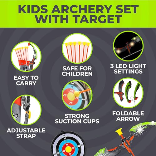 Toysery Kids Bow and Arrow Set with LED Flash Lights, Toy Bow and Arrow for Kids 8-12 Years Old - Toy Bow and Arrow Set for Boys and Girls, Includes Archery Bow, 6 Archery Arrows, Target, Quiver Green