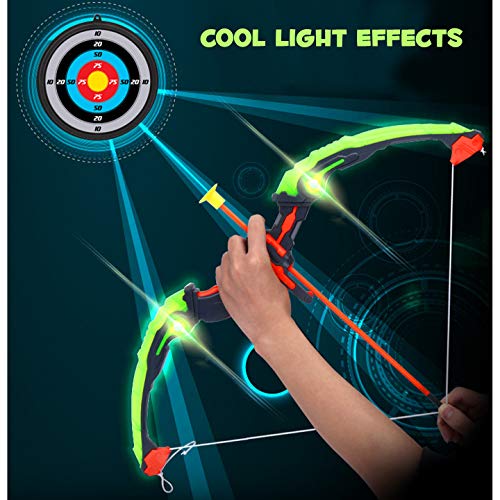 Liberty Imports Kids Bow and Arrow Set - LED Light Up Archery Toy Set with 6 Suction Cup Arrows, Target, Quiver - Indoor and Outdoor Target Practice for Children, Boys, Girls (Pink) (Green)