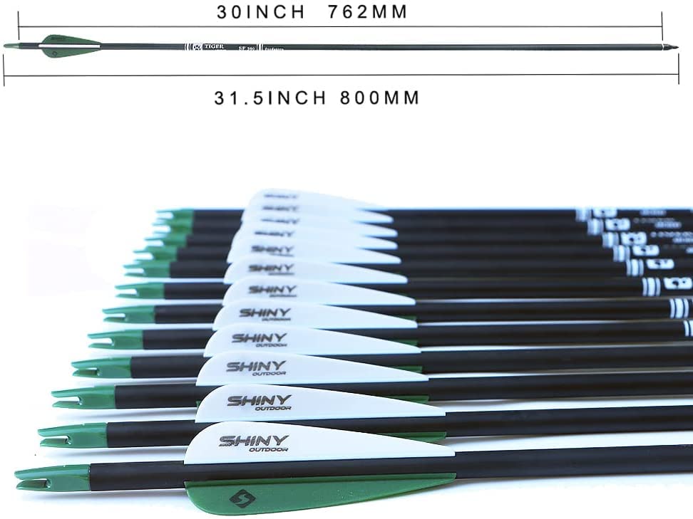TIGER ARCHERY 30Inch Carbon Arrow Practice Hunting Arrows with Removable Tips for Compound & Recurve Bow(Pack of 12) (Deep Green White)