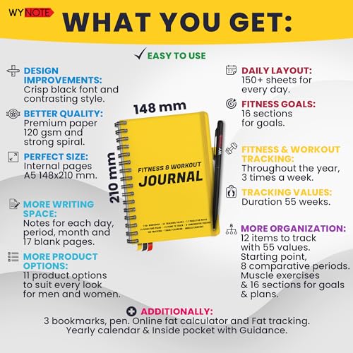 Fitness Journal Amber Yellow on 150+ Workouts + Yearly Calendar + 55 Tracking Values - A5 Workout Journal with Fat tracking - Planner to 12 items to track + 7 comparative periods + Goals