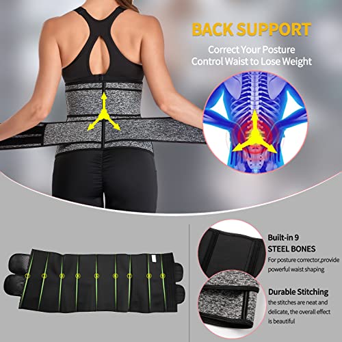 KIWI RATA Neoprene Sauna Waist Trainer Corset Sweat Belt with 2 Straps for Women Plus Size Compression Gym Workout Trimmer,#2 Hooks Grey,X-Small