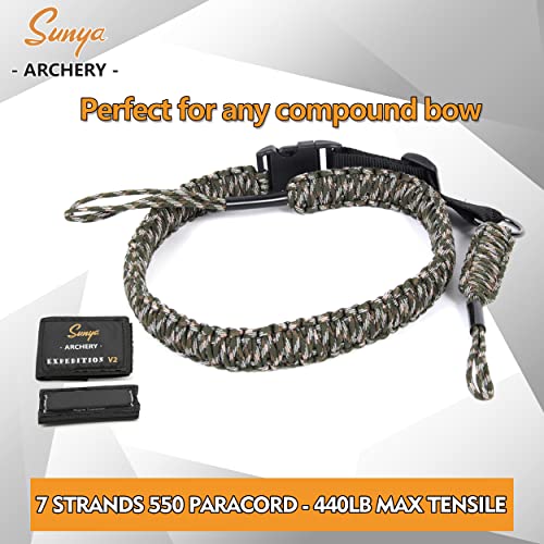 Sunya Paracord Compound Bow Sling with V2 Upgraded Magnetic Connection System. Lightweight Hands Free Shoulder Carrying Sling for Bow Hunting, Field Archery and 3D (Army Camo)