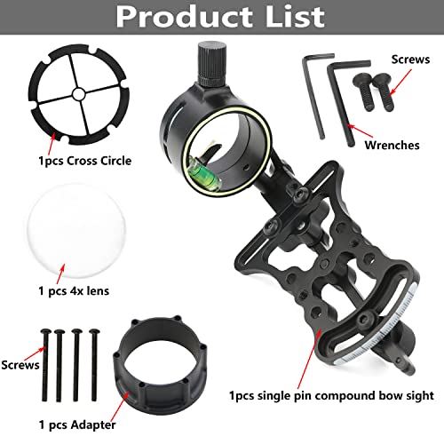 Single Pin Bow Sight Compound Bow Sights with 4X 6X 8X Magnifier Lens 1 Pin Bow Sight Archery Hunting Sighting Suitable for Right Handed Archers (4X Lens Bow Sight)