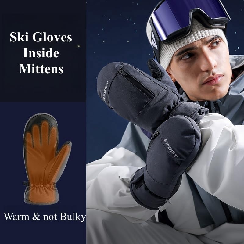 Waterproof Ski Mittens with Inside Gloves Liners for Women Men Youth Cold Weather Snow Gloves with Hands Warmer Zipper Pocket Ski Trip Winter Gloves for Skiing, Snowboarding, Snowmobiling, Dog Walking