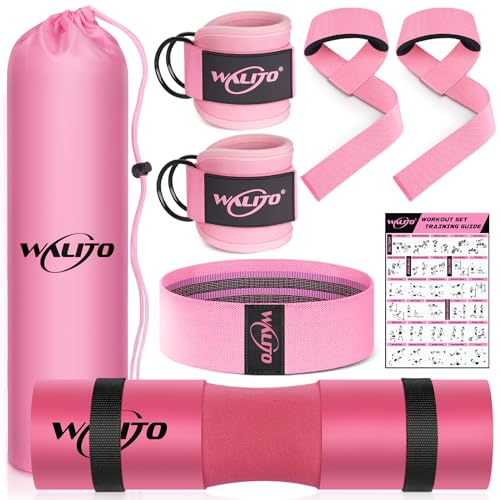 WALITO 8Pcs Barbell Pad Set for Hip Thrust - Squat Pad for Barbell Lunges, Bench Press, with 2 Gym Ankle Straps, 1 Resistance Bands for Working Out, 2 Lifting Strap, Carry Bag