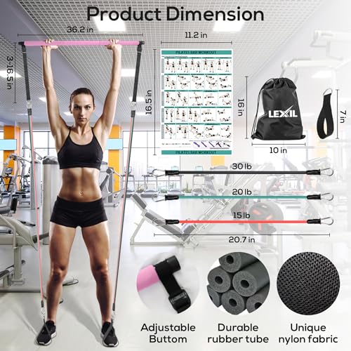 LEXIL Portable Pilates Bar Exercise Kit-Stackable 3 Pairs of Resistance Bands (15, 20, 30LB) - Home Gym Equipment for Men and Women, Workout Kit for Body Toning,with Fitness Video(Pink)