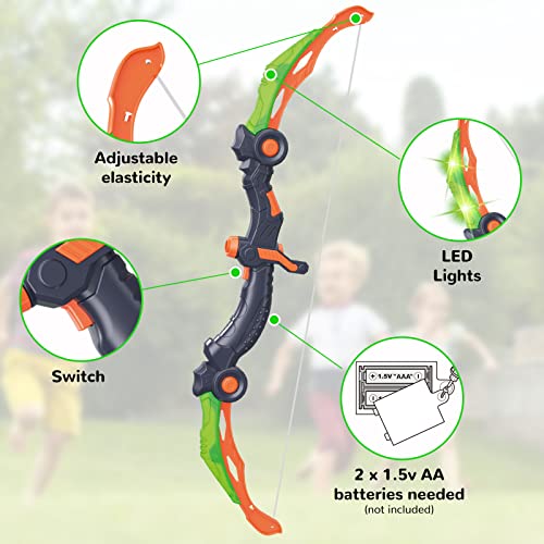 GMAOPHY Bow and Arrow for 5 6 7 8 9 10 11+ Year Old Boys, Birthday Gift for Kids, Indoor Outdoor Activity Toys, 2 Pack LED Light Up Archery Toy with 20 Suction Cup Arrows, Standing Target, 2 Quiver