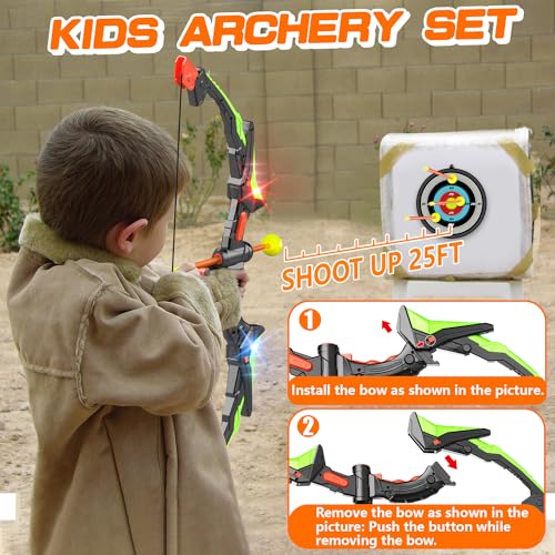 Bigdream Detachable Kids Bow and Arrow Toy 2 Sets, LED Light Up Archery Toys with Suction Cups Arrows, Outdoor Indoor Shooting Games Toys for Boys Grils Birthday Gifts