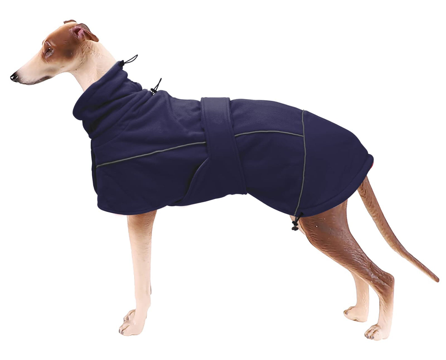 Greyhound Lurcher Winter Coat, Whippet Warm Coat with Fleece, Water Resistant Dog Jacket with Adjustable Bands and Zipper Harness Hole - Navy - Medium