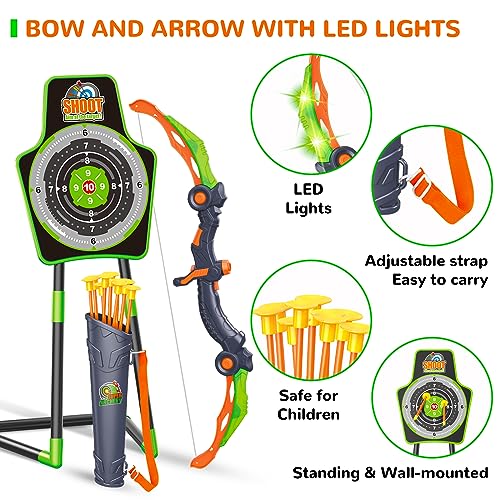 GMAOPHY Bow and Arrow for 5 6 7 8 9 10 11+ Year Old Boys, Birthday Gift for Kids, Indoor Outdoor Activity Toys, 2 Pack LED Light Up Archery Toy with 20 Suction Cup Arrows, Standing Target, 2 Quiver