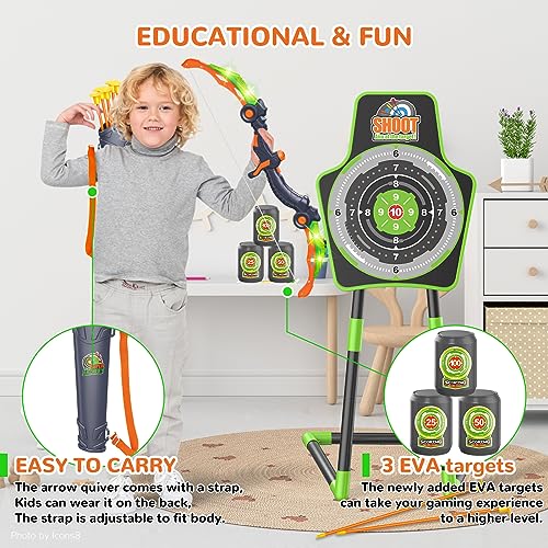 GMAOPHY Bow and Arrow for 5 6 7 8 9 10 11+ Year Old Boys, Birthday Gift for Kids, Indoor Outdoor Activity Toys, 2 Pack LED Light Up Archery Toy with 20 Suction Cup Arrows, Standing Target, 2 Quiver