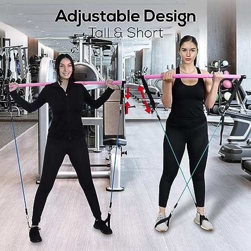 LEXIL Portable Pilates Bar Exercise Kit-Stackable 3 Pairs of Resistance Bands (15, 20, 30LB) - Home Gym Equipment for Men and Women, Workout Kit for Body Toning,with Fitness Video(Pink)