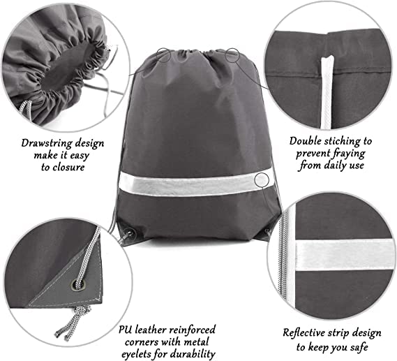 BeeGreen Grey Drawstring Backpack Bulk 10 Pieces Wholesale, String Backpack for Party Gym Sport Trip, Reflective Strips Cinch Sack with String, DIY Drawstring Bags for Women and Men