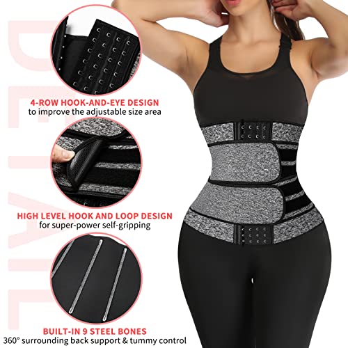 KIWI RATA Neoprene Sauna Waist Trainer Corset Sweat Belt with 2 Straps for Women Plus Size Compression Gym Workout Trimmer,#2 Hooks Grey,X-Small