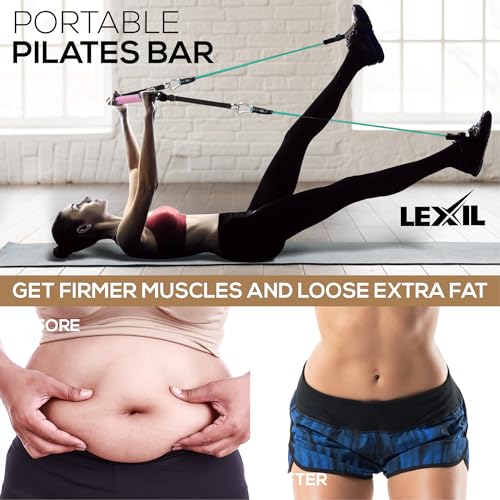 LEXIL Portable Pilates Bar Exercise Kit-Stackable 3 Pairs of Resistance Bands (15, 20, 30LB) - Home Gym Equipment for Men and Women, Workout Kit for Body Toning,with Fitness Video(Pink)