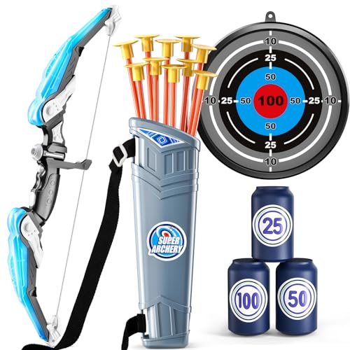 Bow and Arrow Set for Kids - LED Light Up Archery Set - Includes 10 Suction Cup Arrows, 4 Target & Shoulder-Strapped Quiver, Outdoor Toys Archery Boys Toys Gifts for 3-12 Years Old Boys Girls