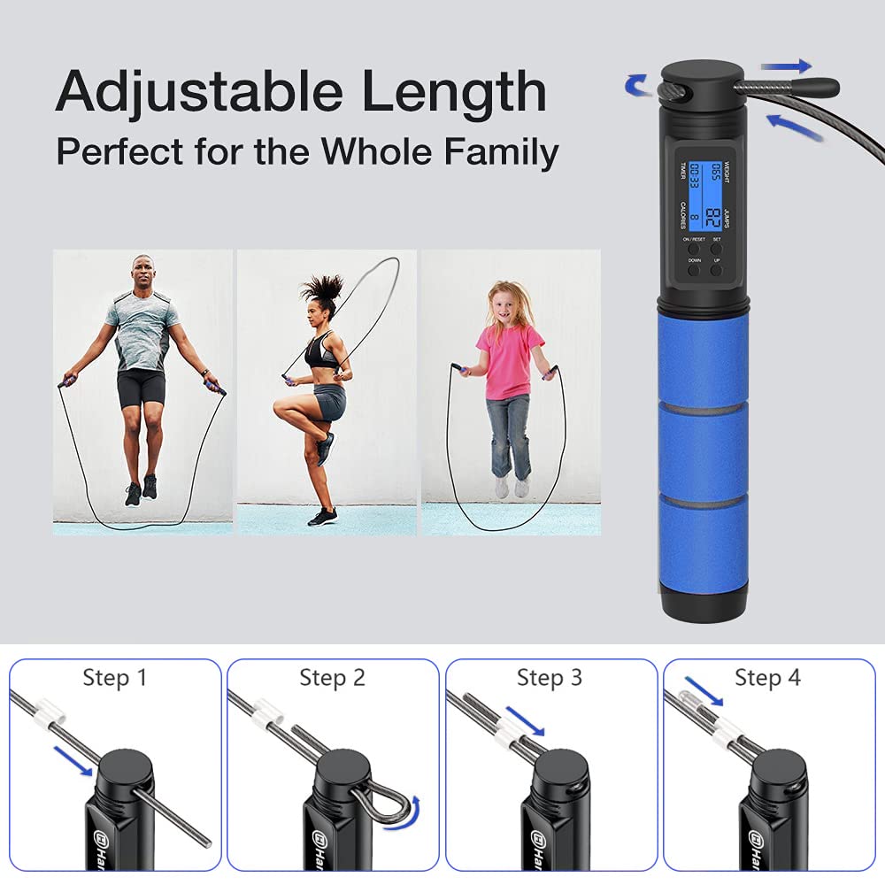 Jump Rope, H Handio Jump Rope with Counter, Workout Jumping Rope with Steel Ball Bearings, Adjustable Length Speed Skipping Rope for Men Women Kids Home Gym, Crossfit, Fitness Exercise (Blue)