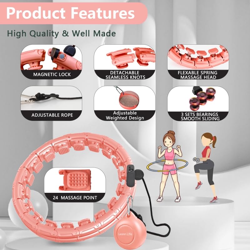 Leann L!fe U1-30 Knots, Magnetic Lock Smart Weighted Hula Hoop for Adults Weight Loss, Infinity Hoop Plus Size, Children Adult Home Outdoors, Fitness Exercise, Abdominal Toner, Peach