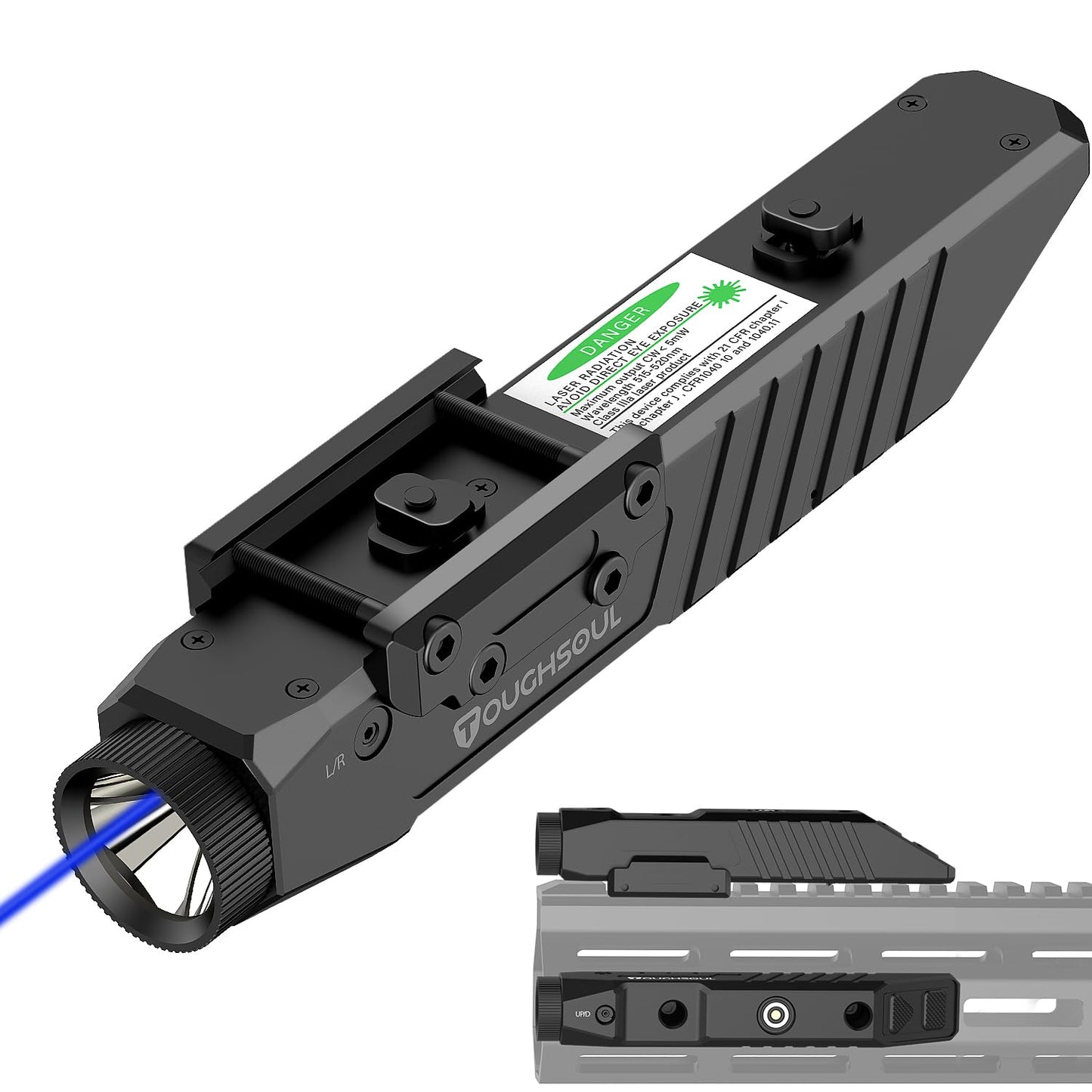 TOUGHSOUL Mlok Picatinny 2 in 1 Tactical Flashlight with Blue Laser Sight Combo, Body Material Polymer 1450 Lumen Light with Rechargeable Battery (Blue Laser)