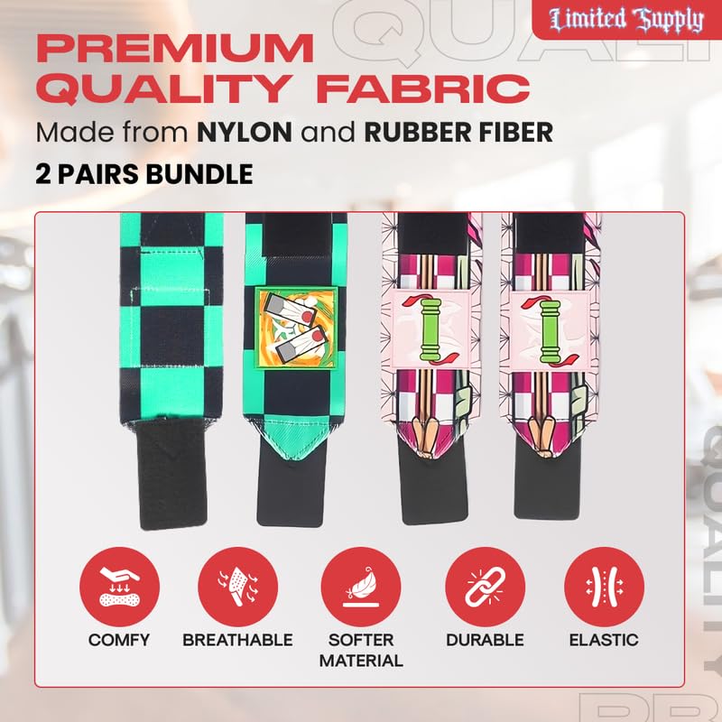 Anime Wrist Wraps 2 Pairs Bundle - 24" Lifting Straps for Men and Women - Gym Accessories Support Weightlifting, Powerlifting, Strength Training, Workout (Duo C)