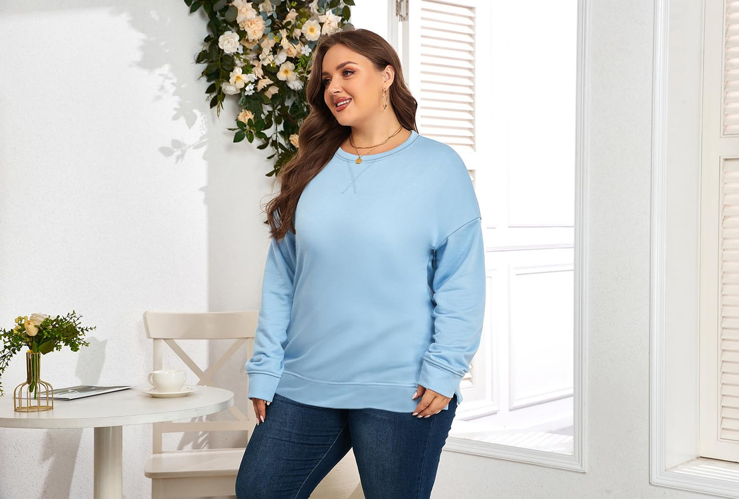 ForHailey Plus Size Sweatshirt for Women Long Sleeve Tops Pullover Crew Neck Shirts Fall Winter Sky Blue X-Large