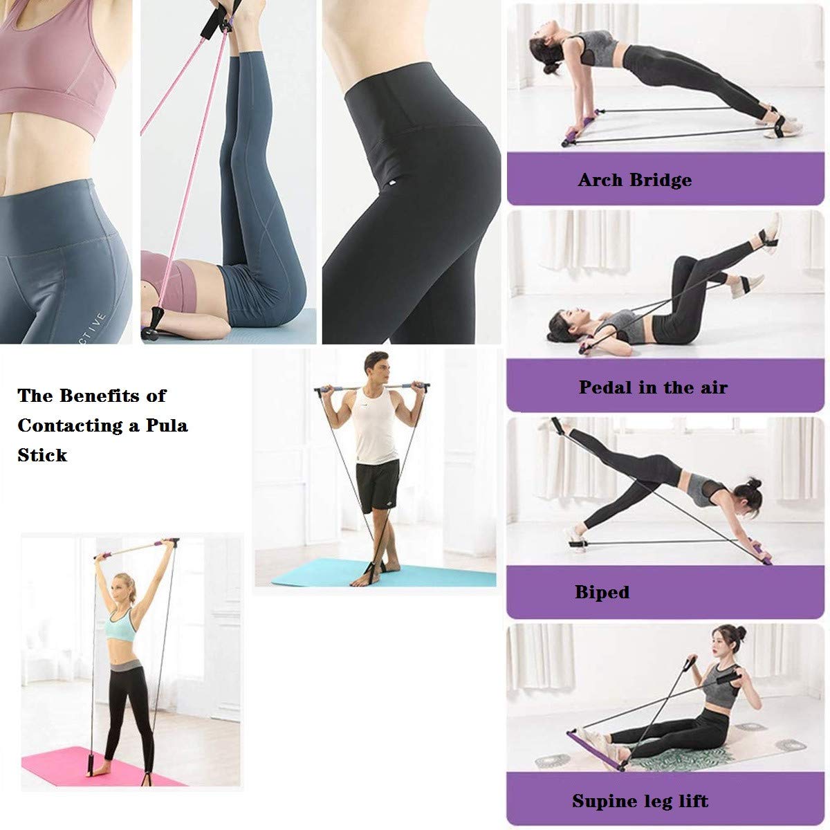 Portable Pilates Stick Yoga Exercise Pilates Bar, Yoga Pilates Bar Reformer Kit, Pilates Bar Kit with Resistance Band,Home Gym Pilates with Foot Loop for Total Body Workout (New-Purple- Pilates)