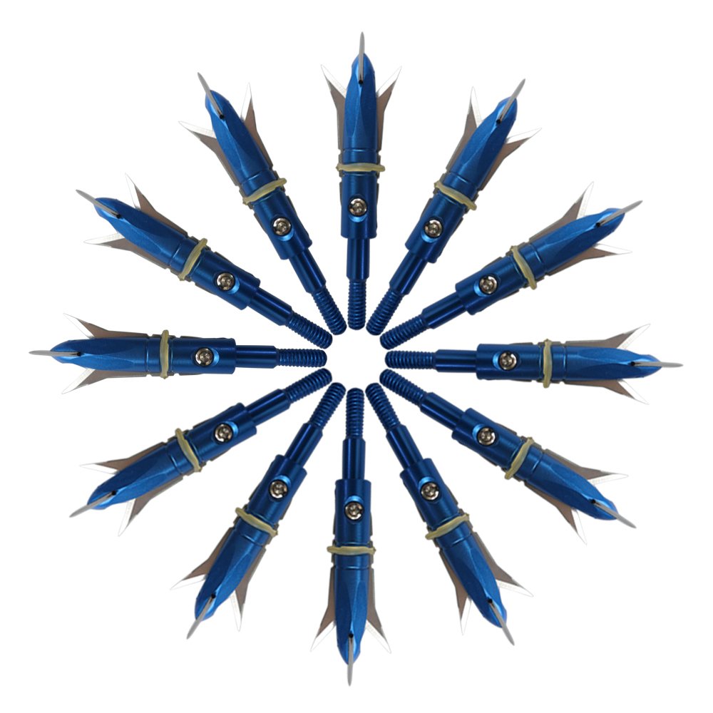 e5e10 12pcs Hunting Broadheads 100 Grain Archery Broadheads New Stell Broadheads + 1 pcs Black Broadhead Case for Arrowheads (Blue)