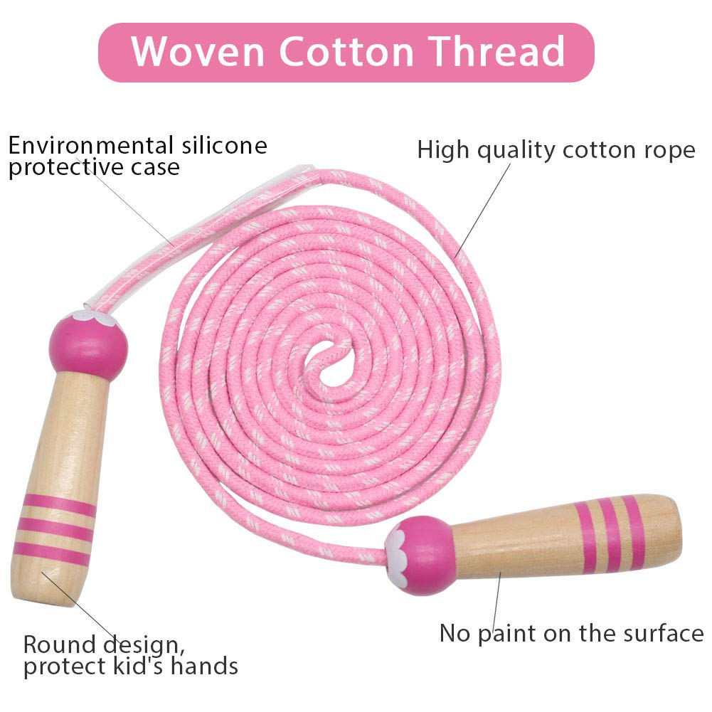 Jump Rope Kids, 7ft Adjustable Cotton Skipping Rope with Wooden Handle for Boys and Girls Fitness Outdoor Exercise(Pink)