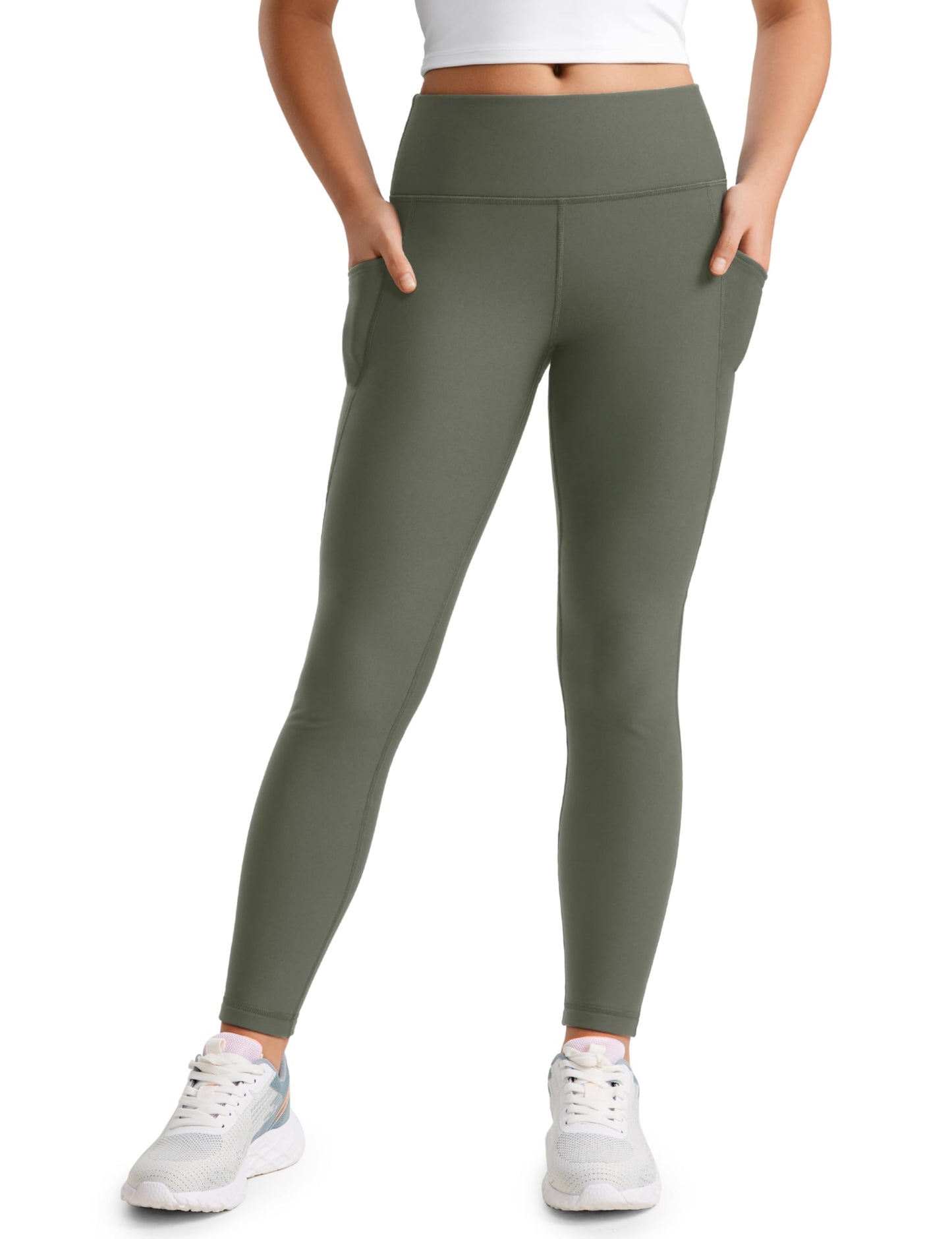 CRZ YOGA Girls Thermal Fleece Lined Athletic Leggings Water Resistant High Waist Warm Winter Kids Lounge Pants Side Pockets Light Army Green Medium