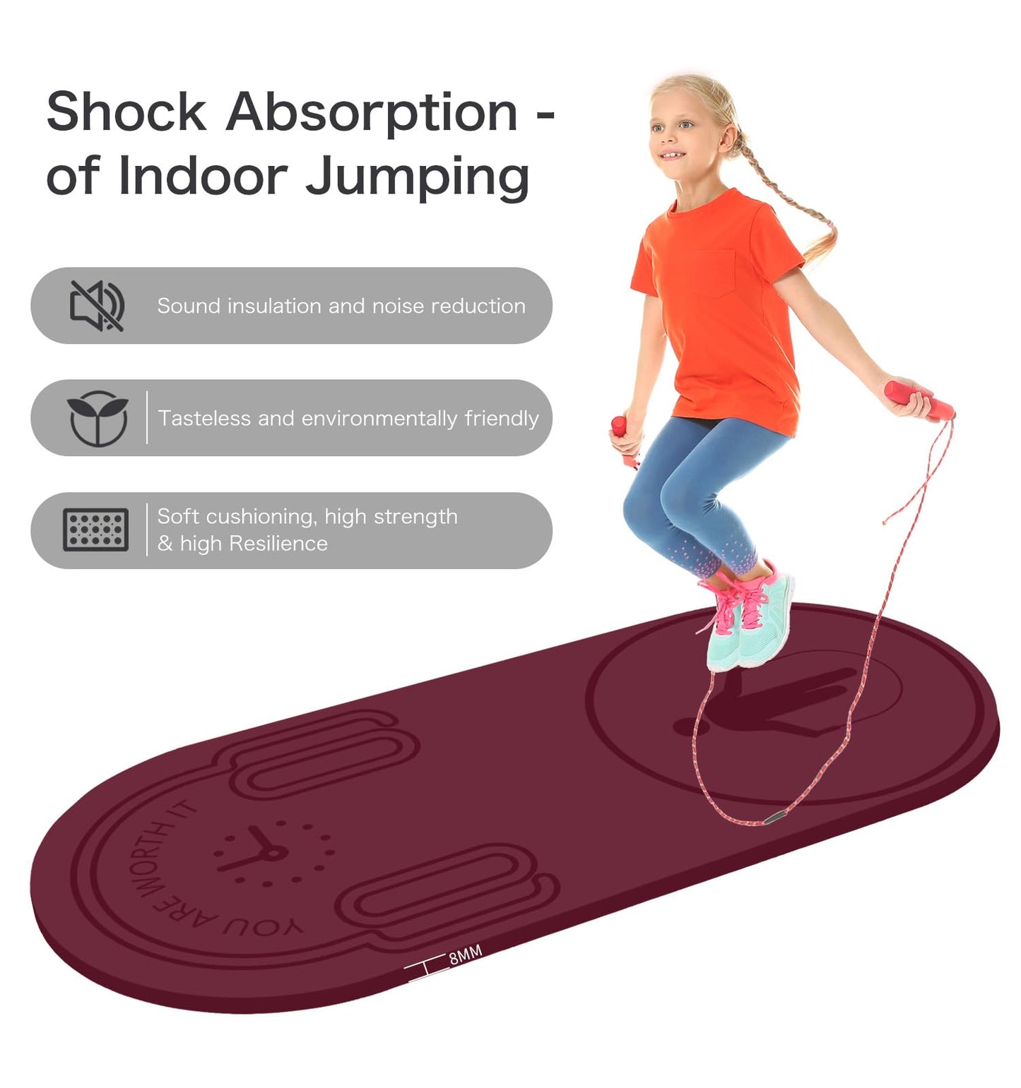 LERYG 8/20/30mm Jump Rope Mat Fitness Exercise Mat Durable, Non-Slip, Workout Mats with Jump Rope & Carrying Bag for Home Gym Flooring in Red(55"x 24")