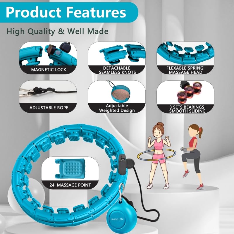 Leann L!fe U1-30 Knots Waist 61”, Magnetic Lock Smart Weighted Hula Hoop for Adults Weight Loss, Infinity Hoop Plus Size, Children Adult Home Outdoors, Fitness Exercise, Abdominal Toner, Blue