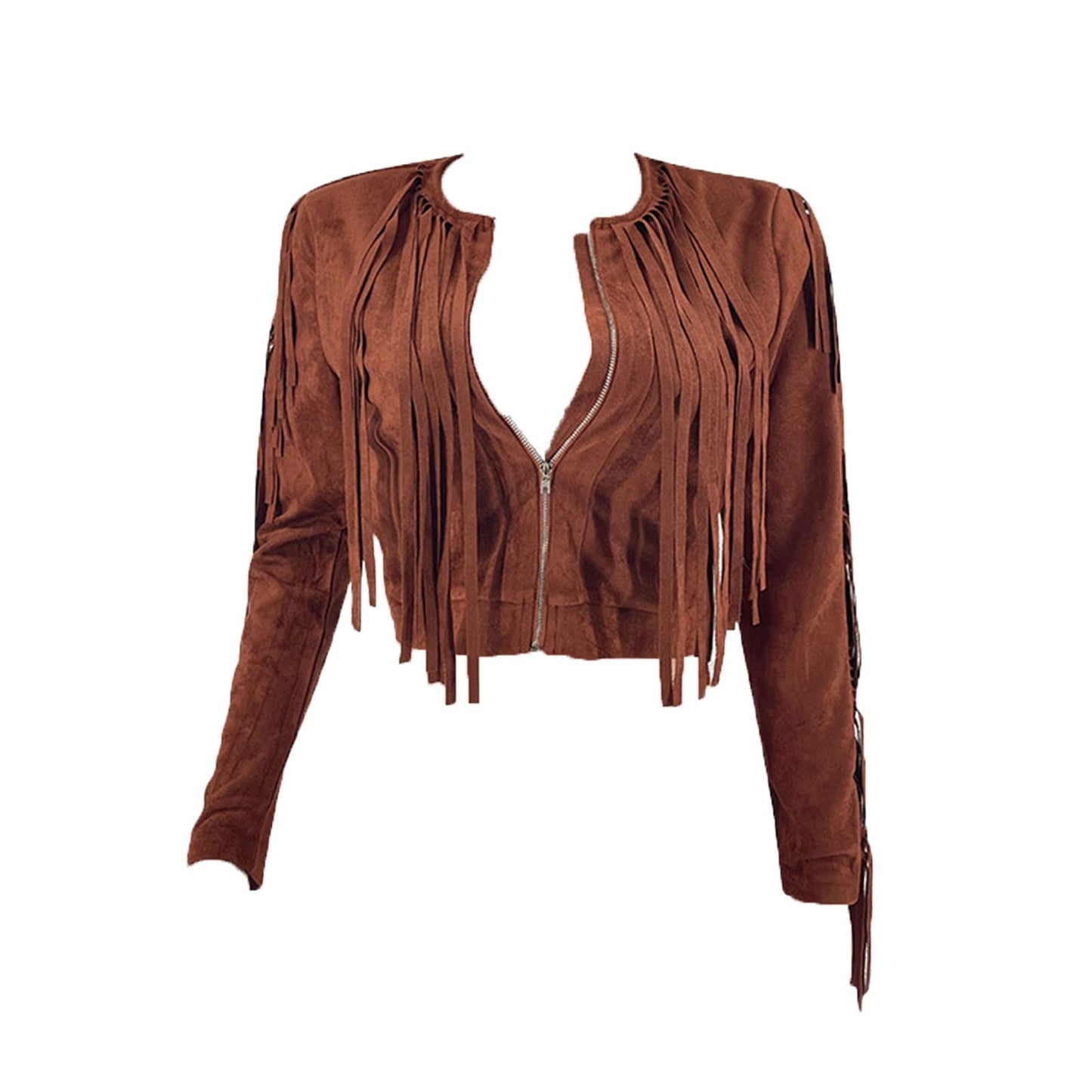 JEsilunmaMY Sexy Tassel Jacket for Women Zip Up Long Sleeve Crewneck Cropped Coats Solid Color Slim Fit Casual Short Jackets (Coffee,Small)