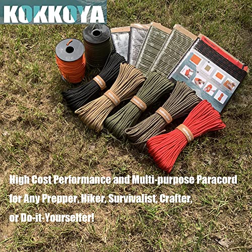 KOKKOYA 4-in-1 Survival Paracord 550 Paracord 550 Fire Cord Paracord 10 Strand, 5/32" Diameter U.S. Military Type III 550 Parachute Cord with Integrated Fishing Line, Fire-Starter Tinder
