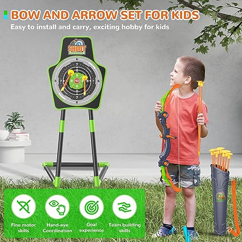 GMAOPHY Bow and Arrow for 5 6 7 8 9 10 11+ Year Old Boys, Birthday Gift for Kids, Indoor Outdoor Activity Toys, 2 Pack LED Light Up Archery Toy with 20 Suction Cup Arrows, Standing Target, 2 Quiver