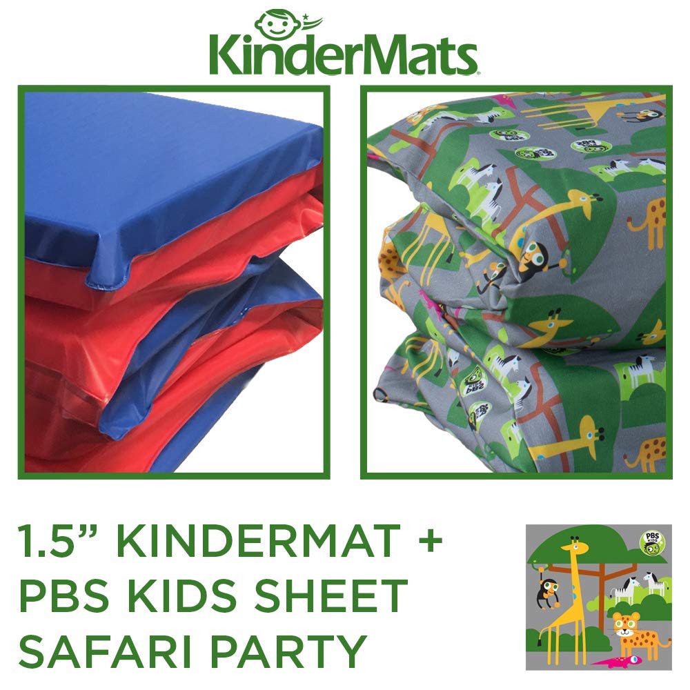KinderMat 1.5" Thick + PBS Kids KinderBundle - Washable Cover, Special Edition - SAFARI PARTY - Regular, Sheet is 47" x 22", Value Bundle Great for Daycare & Family Households,
