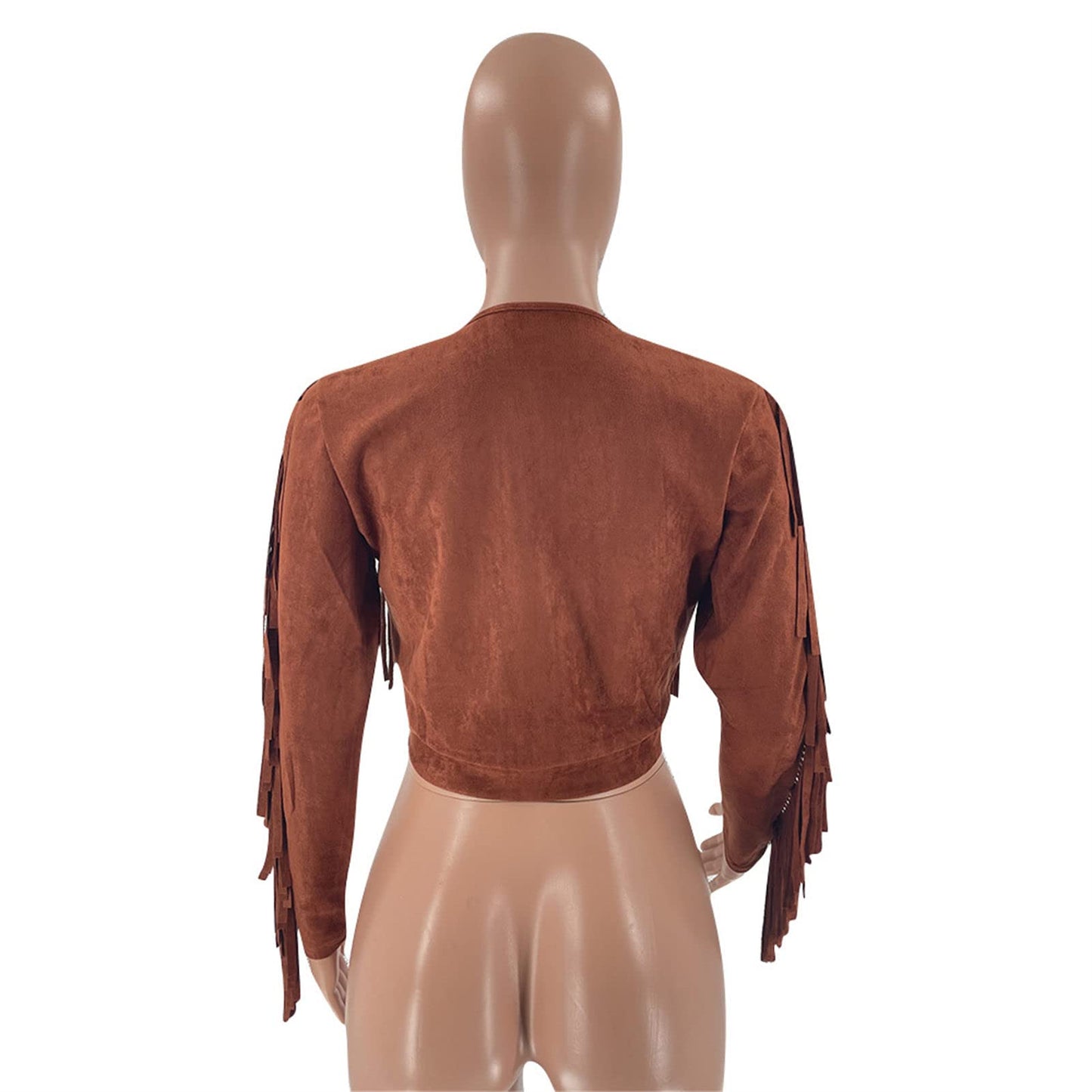 JEsilunmaMY Sexy Tassel Jacket for Women Zip Up Long Sleeve Crewneck Cropped Coats Solid Color Slim Fit Casual Short Jackets (Coffee,Small)